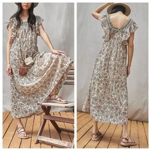 Free People Bonita Block Print Floral Ruffle Maxi Dress Large